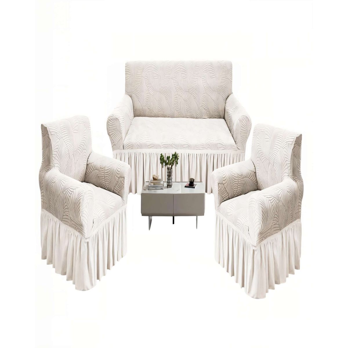 GENERICO - JUEGO DE FUNDAS DE SOFA 110 CM X 210 CM X 80 CM3+1+1 CON DISEÑO EN FORMA DE HOJA CON VELO 3-1-1 COLOR BLANCO