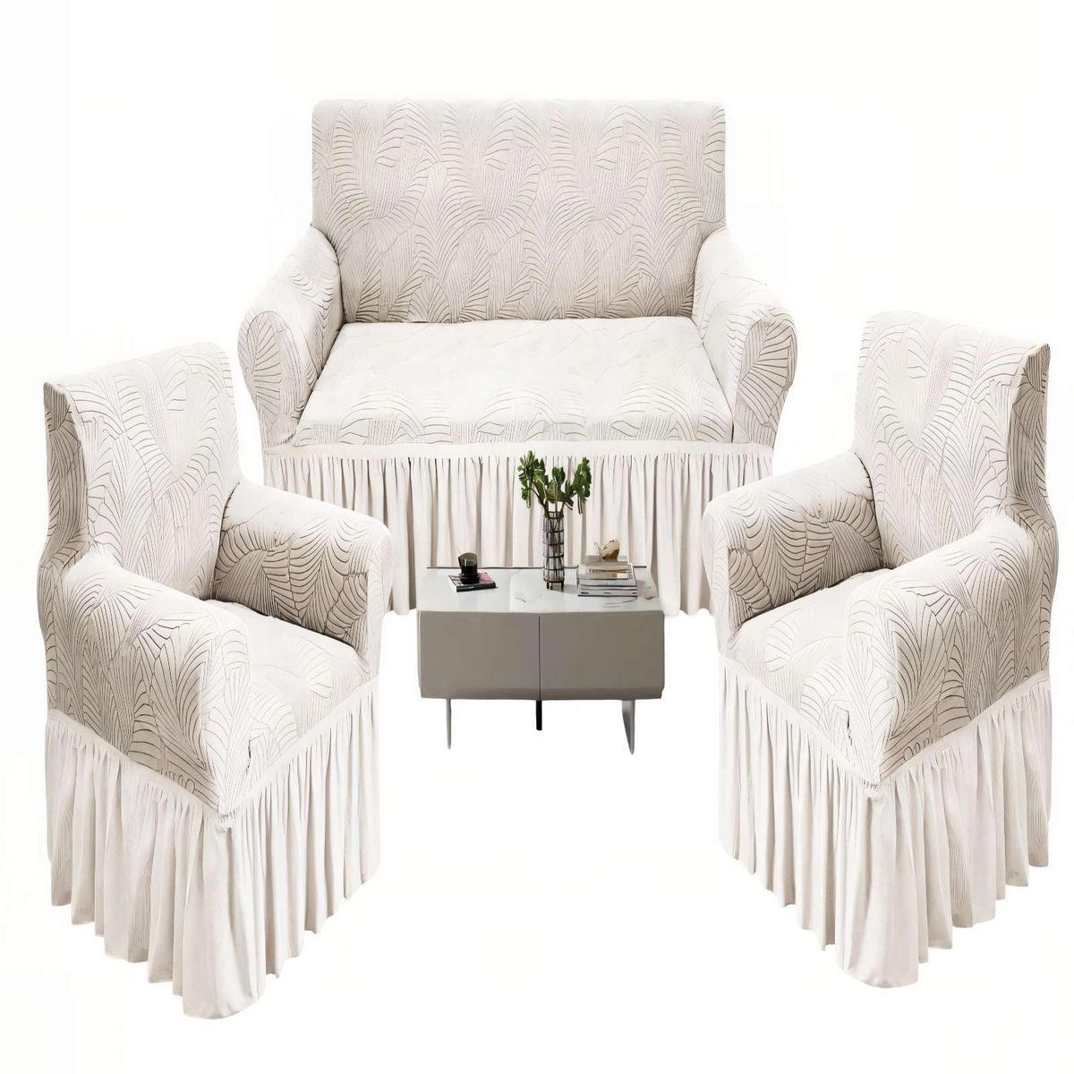 GENERICO - JUEGO DE FUNDAS DE SOFA 110 CM X 210 CM X 80 CM3+1+1 CON DISEÑO EN FORMA DE HOJA CON VELO 3-1-1 COLOR BLANCO