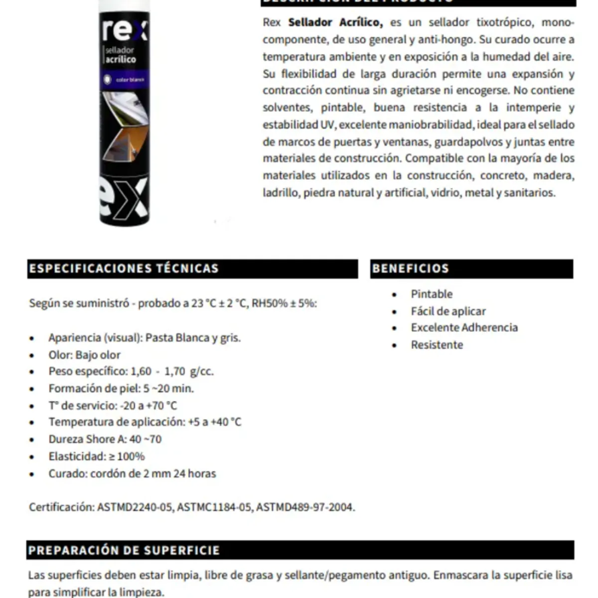 REX - Sellador Acrílico Anti-Hongo Color Blanco 300ml REX
