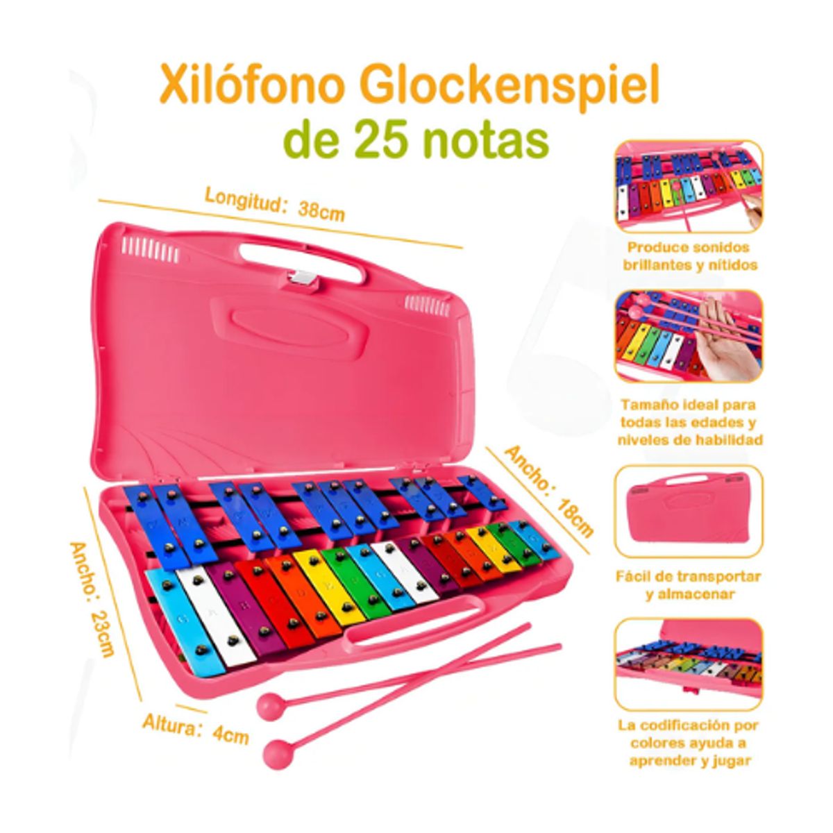 GENERICO - Xilófono Glockenspiel Profesional De 25 Notas Rosa
