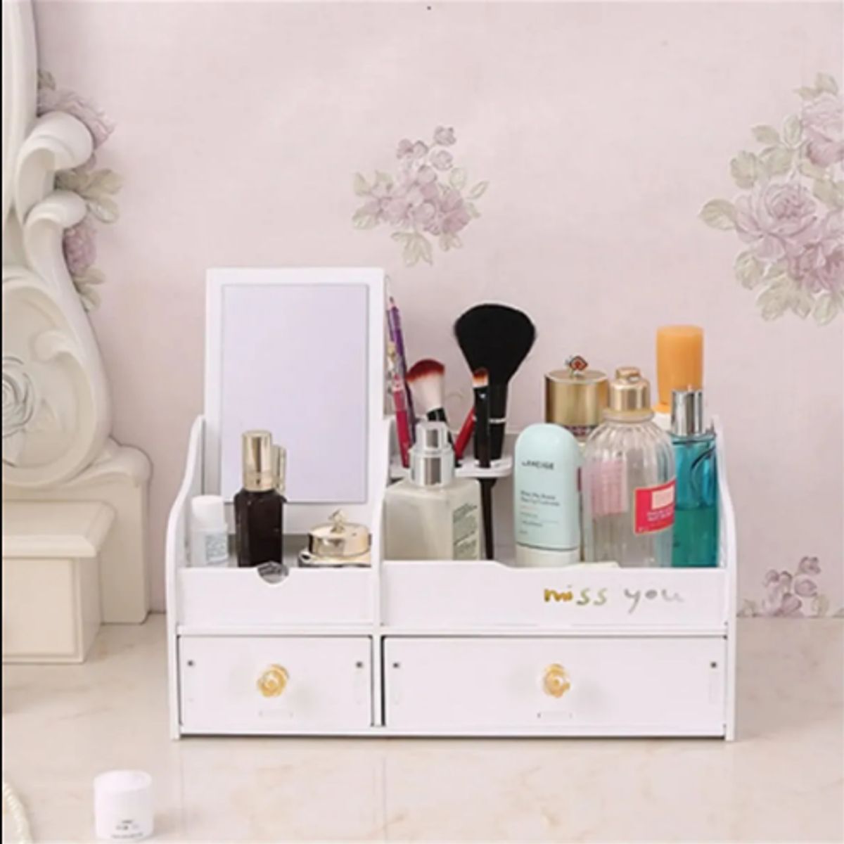 GENERICO - Organizador De Maquillaje Con Espejo Y Cajones De Escritorio Blanco
