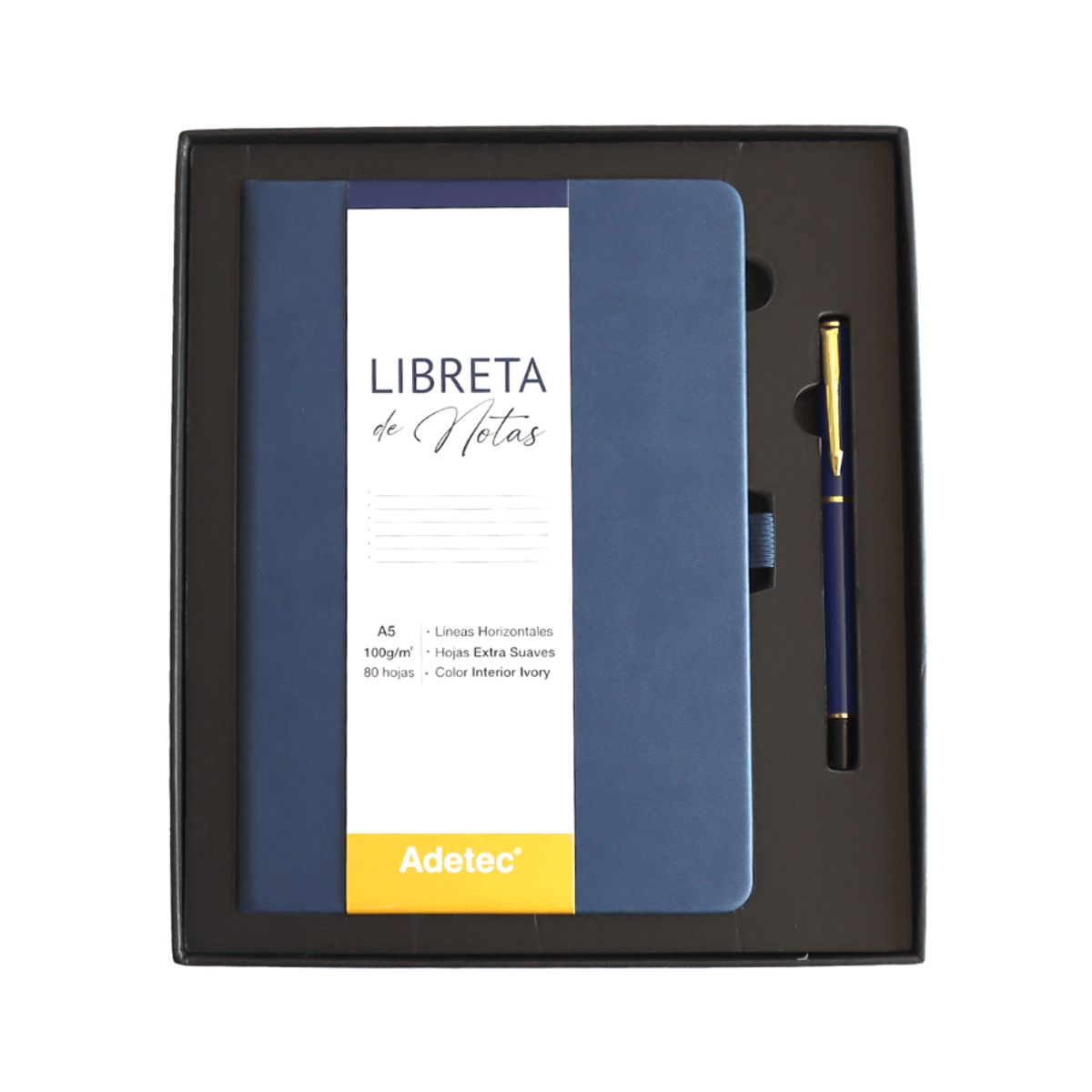 ADETEC - Caja Regalo Libreta Cocida A5 Azul Oscuro CLapiz - ADETEC