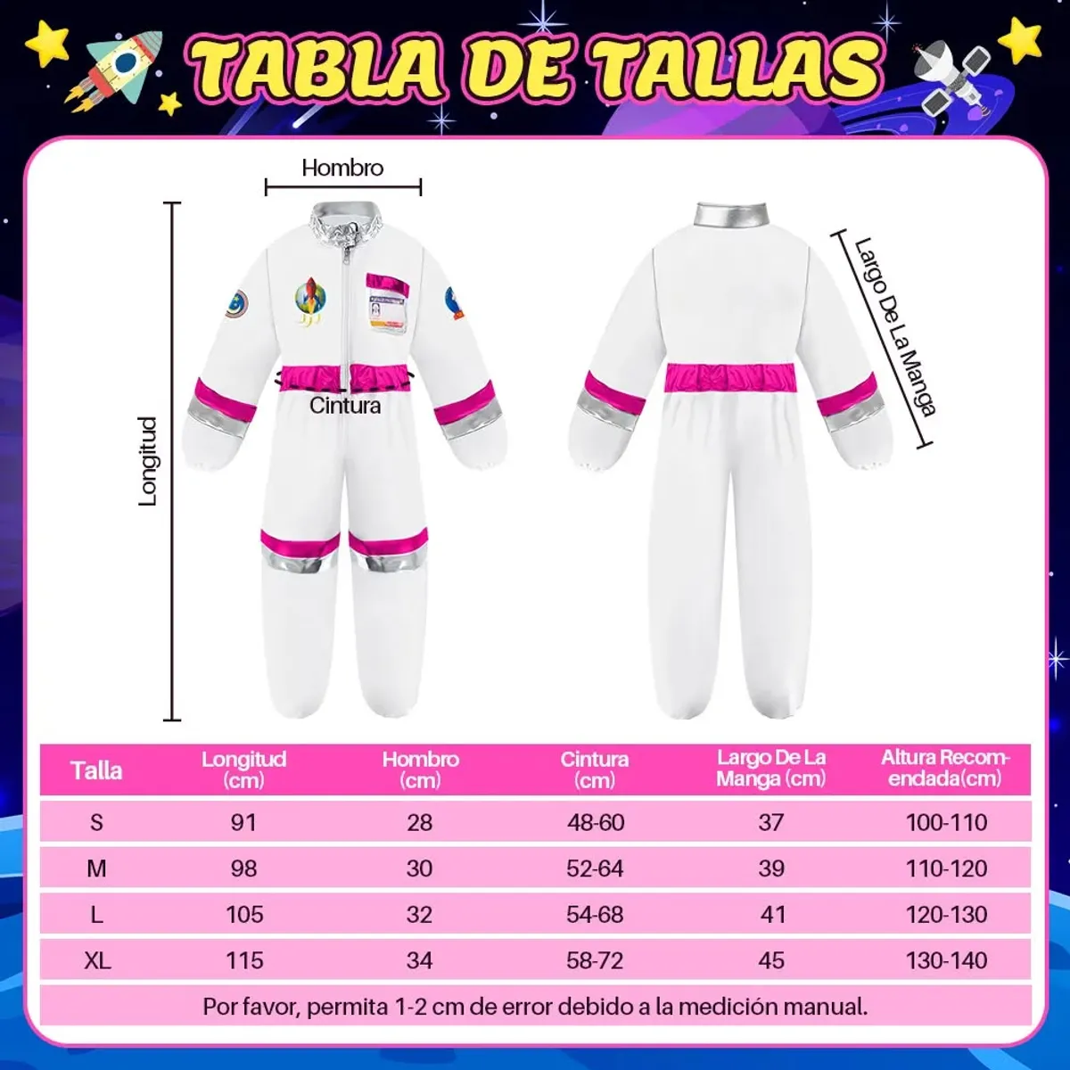 GENERICO - Set disfraz de Astronauta para niña talla S ( 2 a 4 años ), 100 a 110cm