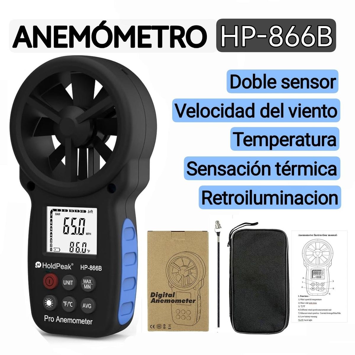 GENERICO - Anemometro profesional. Medidor de velocidad del viento. Temperatura. Sensación térmica