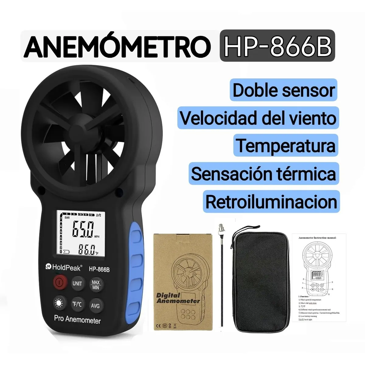 GENERICO - Anemometro profesional. Medidor de velocidad del viento. Temperatura. Sensación térmica