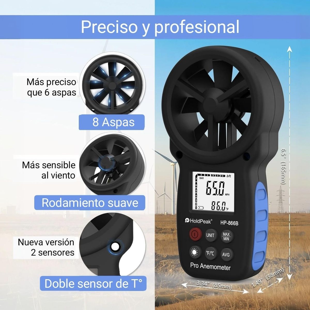 GENERICO - Anemometro profesional. Medidor de velocidad del viento. Temperatura. Sensación térmica