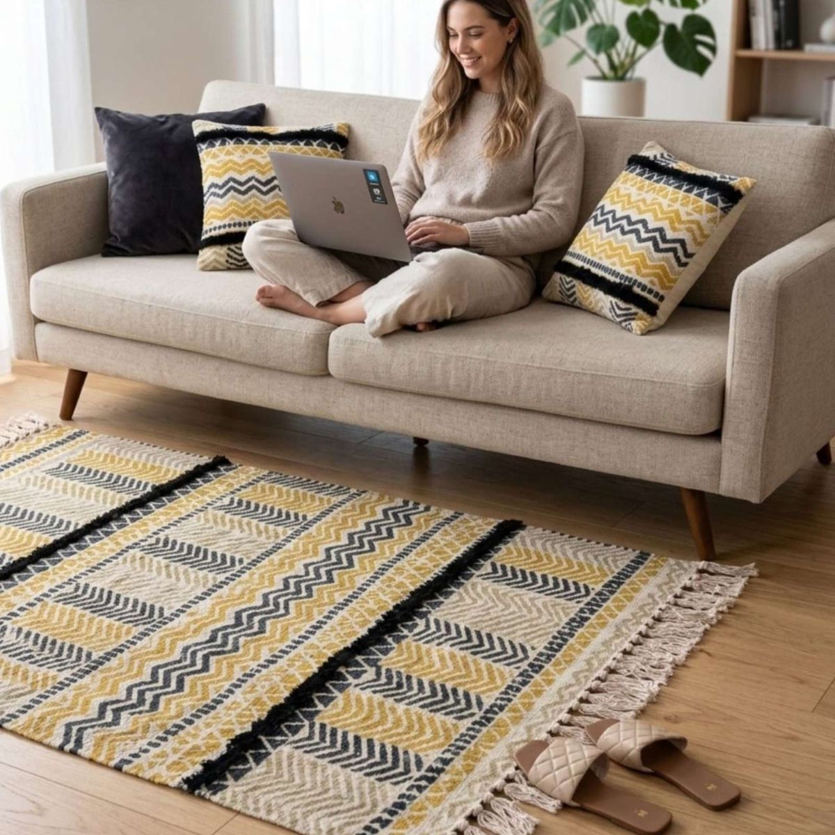 GENERICO - Pack Alfombra 60x90 cm + 2 Fundas de Cojín con Bordado Tufting y Flecos
