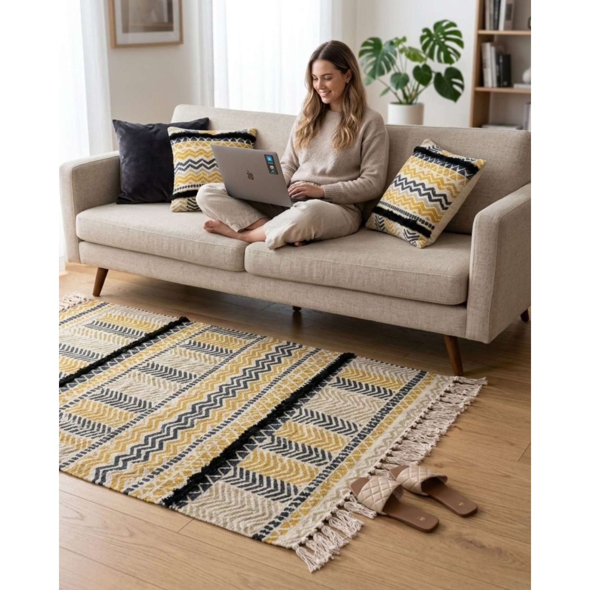 GENERICO - Pack Alfombra 60x90 cm + 2 Fundas de Cojín con Bordado Tufting y Flecos