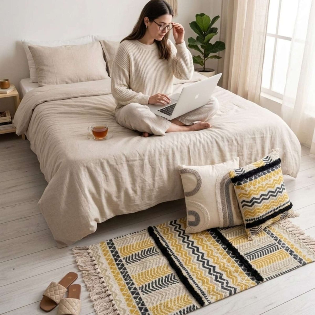 GENERICO - Pack Alfombra 60x90 cm + 2 Fundas de Cojín con Bordado Tufting y Flecos