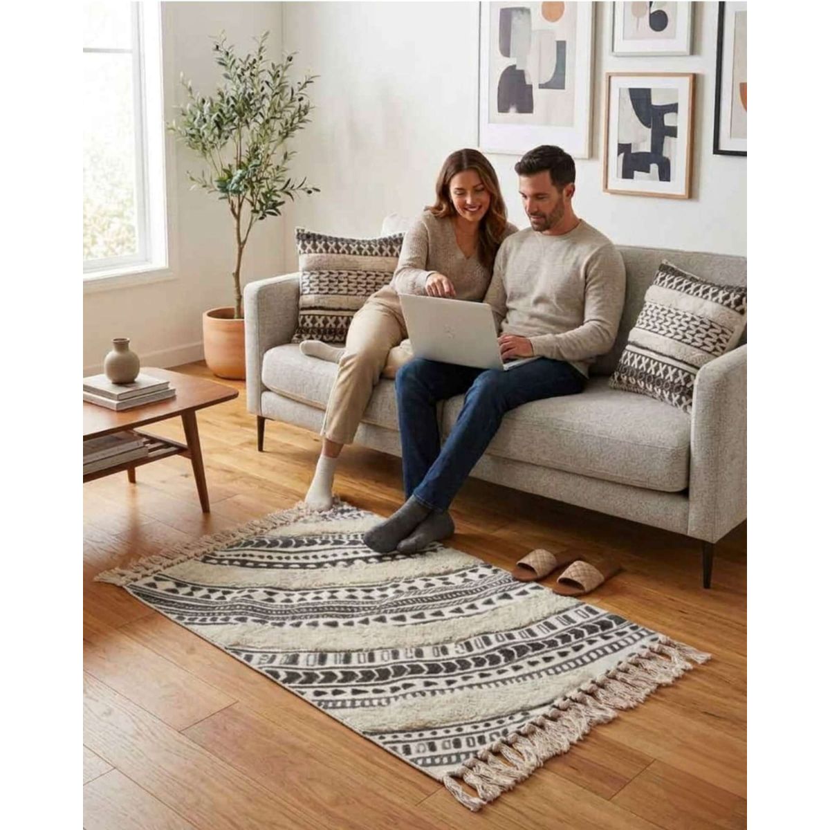 GENERICO - Pack Alfombra 60x90 cm y 2 Fundas de Cojín con Bordado Tufting
