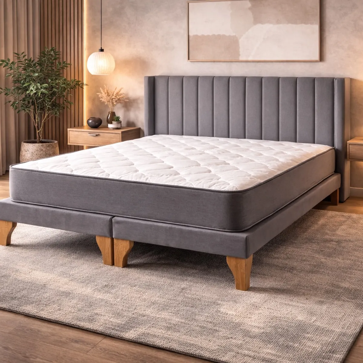 GENERICO - Cama Europea 2 Plazas con Colchón Híbrido Bonell + Respaldo y Base Tapizados en Lino Gris