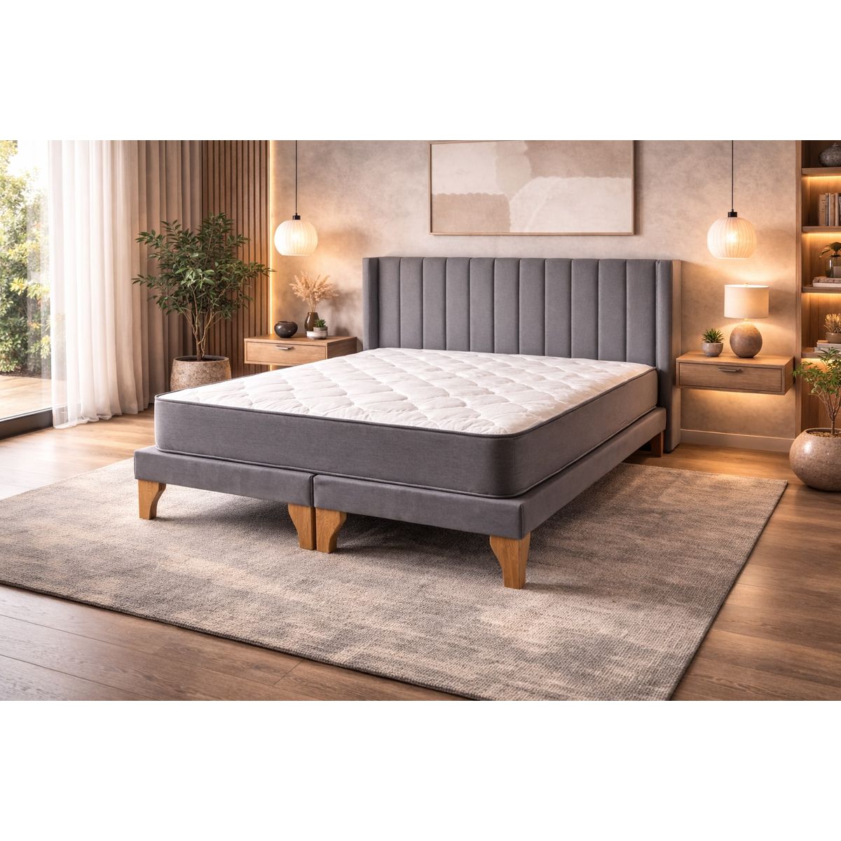 GENERICO - Cama Europea 2 Plazas con Colchón Híbrido Bonell + Respaldo y Base Tapizados en Lino Gris
