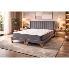 GENERICO - Cama Europea 2 Plazas con Colchón Híbrido Bonell + Respaldo y Base Tapizados en Lino Gris