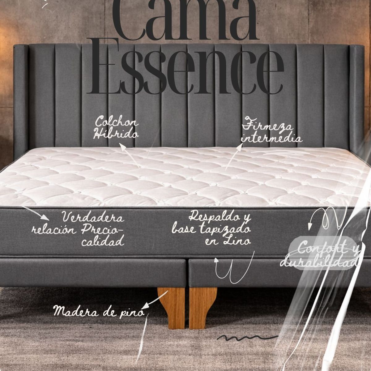 GENERICO - Cama Europea 2 Plazas con Colchón Híbrido Bonell + Respaldo y Base Tapizados en Lino Gris