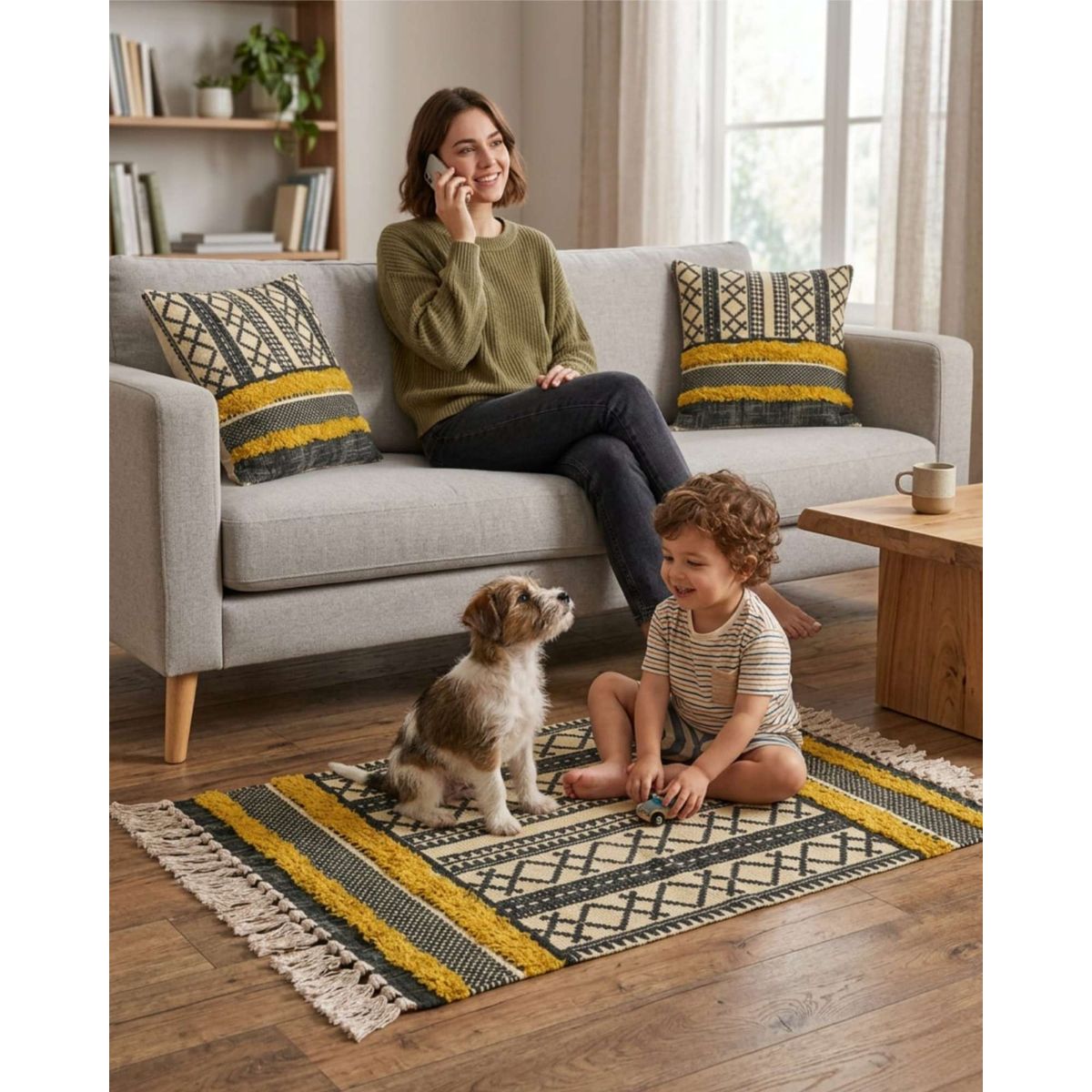GENERICO - Pack Alfombra 60x90 cm y 2 Fundas de Cojín con Bordado Tufting