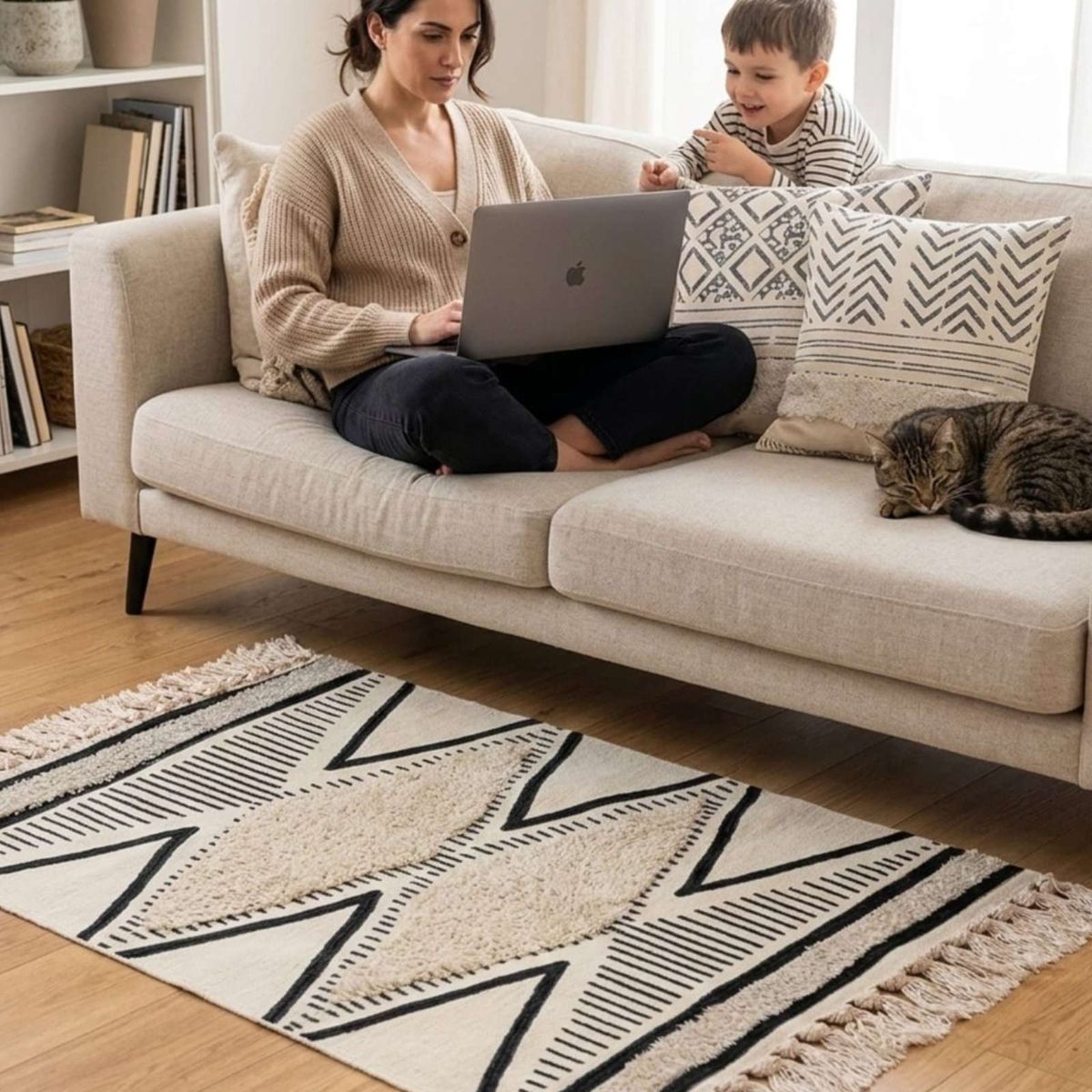 GENERICO - Pack Alfombra 60x90 cm y 2 Fundas de Cojín con Bordado Tufting