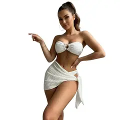 HAMI BOUTIQUE - Bikini 3 Piezas Texturizado Blanco - Top con Aro y Pareo a Juego