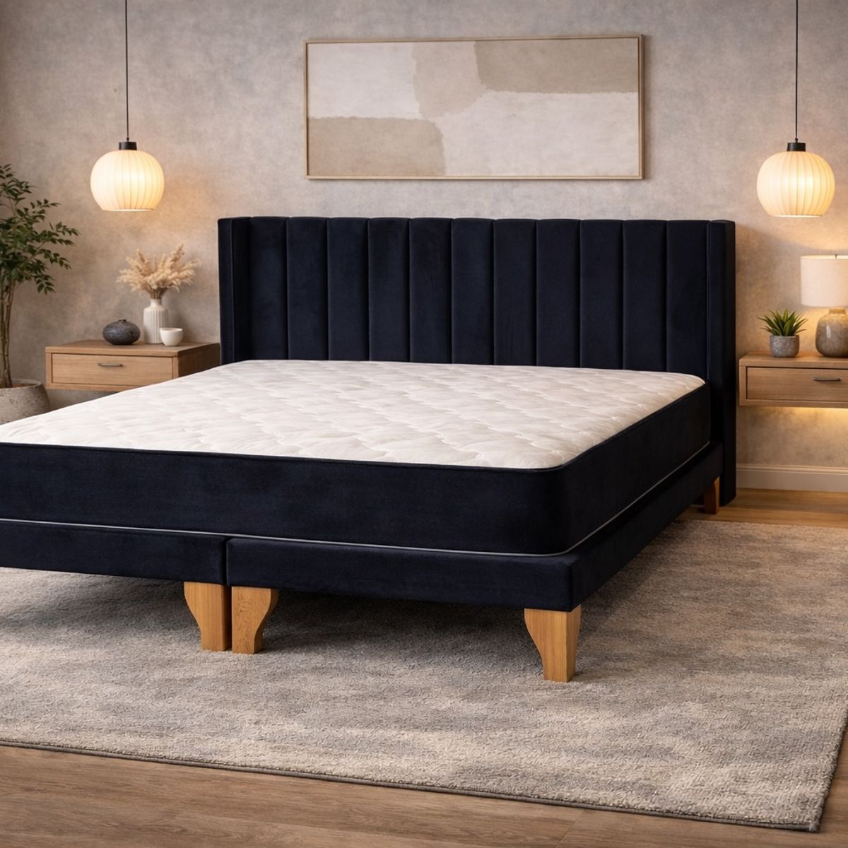 GENERICO - Cama 2 Plazas con Colchón Hibrido, Box y Respaldo Lineal en Felpa Negro