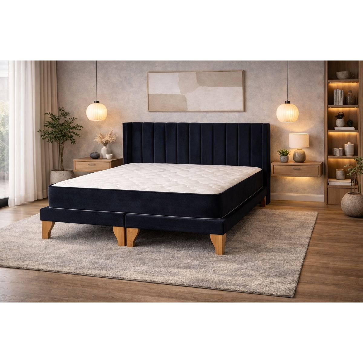 GENERICO - Cama 2 Plazas con Colchón Hibrido, Box y Respaldo Lineal en Felpa Negro