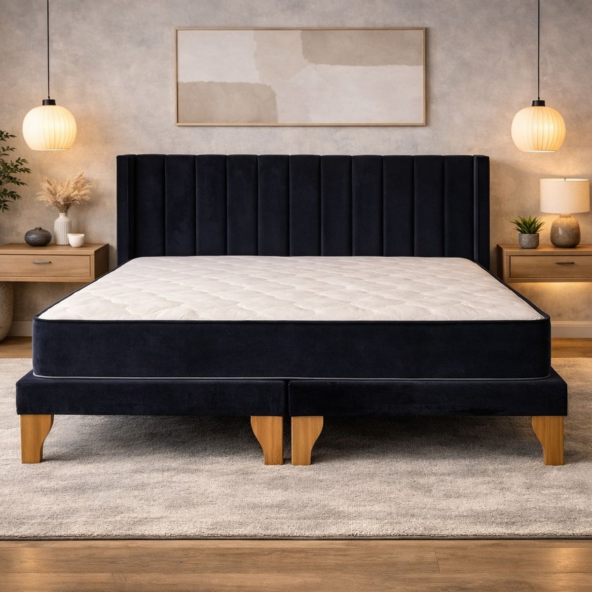 GENERICO - Cama 2 Plazas con Colchón Hibrido, Box y Respaldo Lineal en Felpa Negro