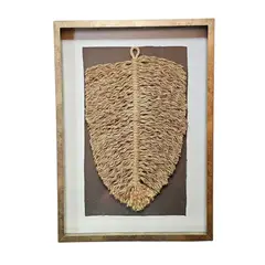 TELARES DE ESTILO - Cuadro Hoja Yute Marco Dorado Decoración Hecho a Mano 50x30 Vidrio