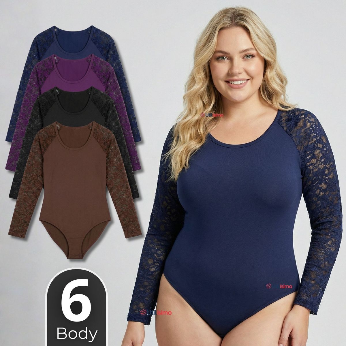 UTILISIMO - Pack 6 Bodys Cuello Redondo Manga Larga Con Encaje Bambú Mujer Colores Surtidos