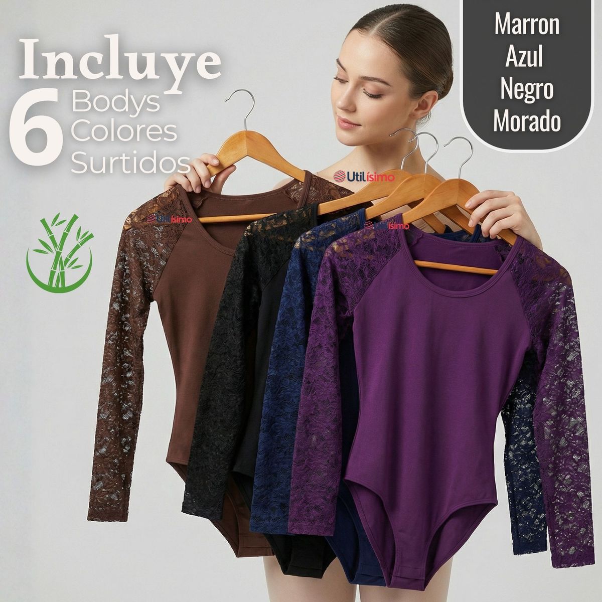 UTILISIMO - Pack 6 Bodys Cuello Redondo Manga Larga Con Encaje Bambú Mujer Colores Surtidos