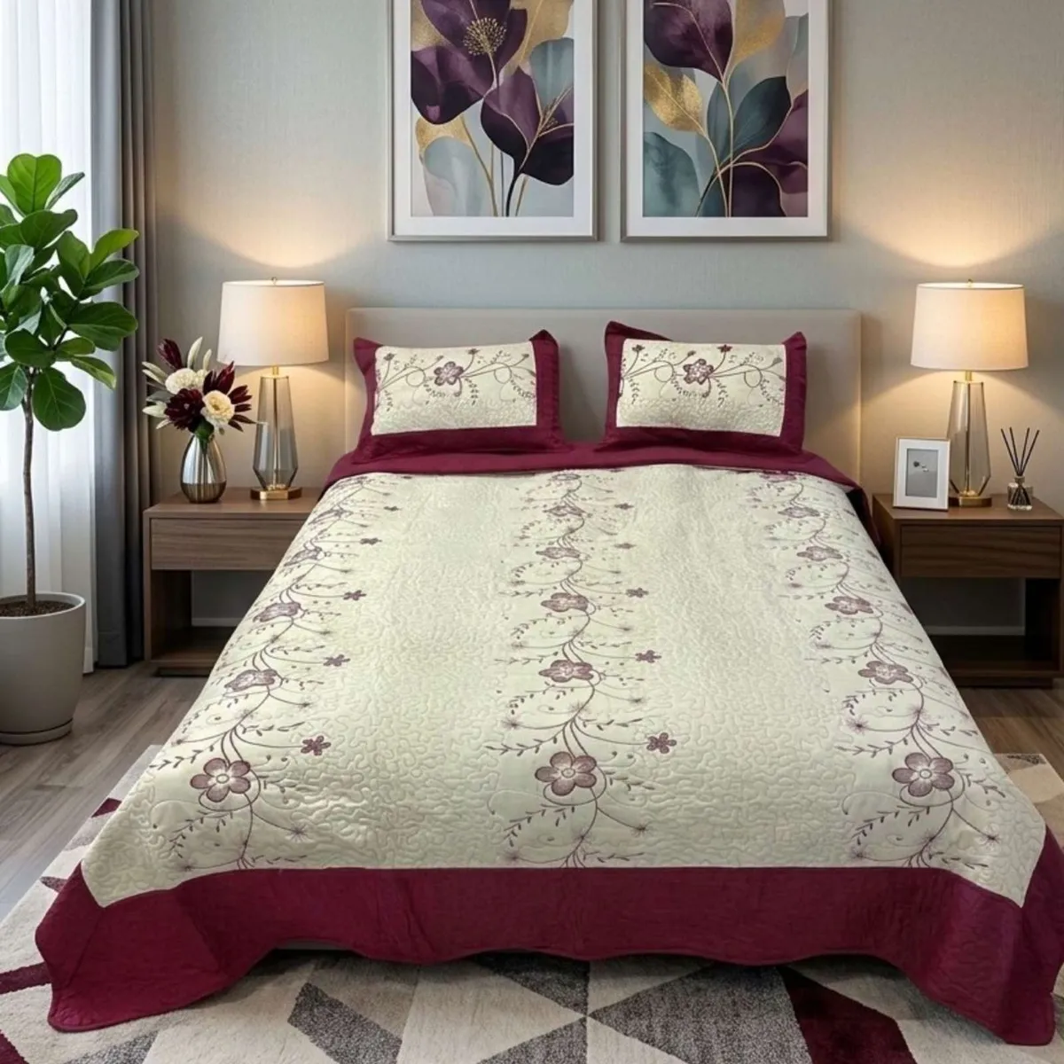 GENERICO - Quilt Bordado Floral King- Superking Colección Botánica
