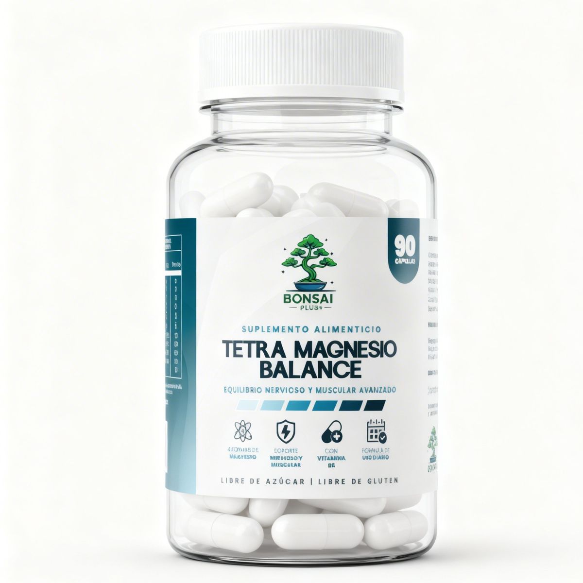 GENERICO - Tetra Magnesio Balance 90 Cápsulas Bonsai Plus+ Bisglicinato, Malato, Taurato y Treonato