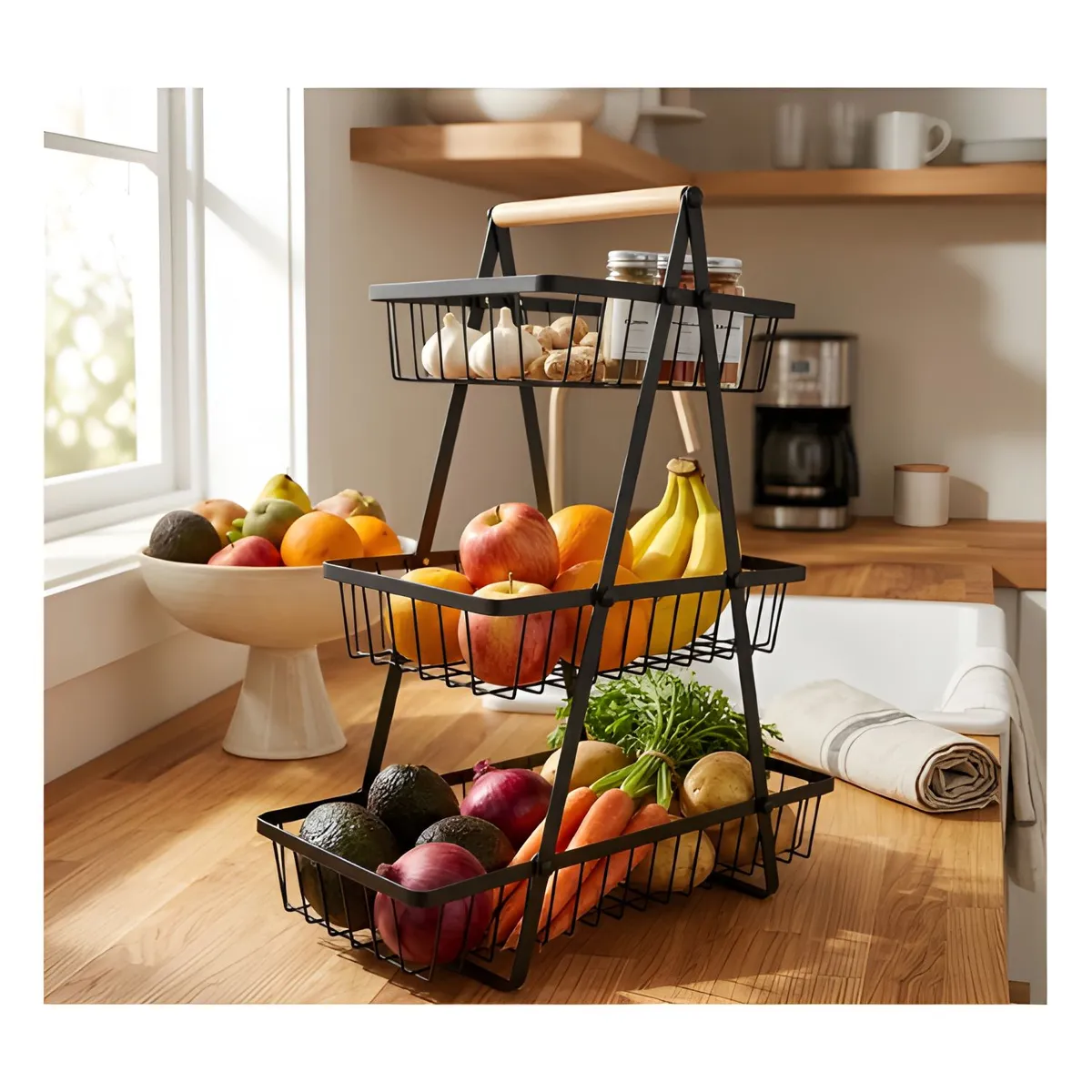 GENERICO - Frutero Organizador de Cocina 3 Niveles en Metal y Madera