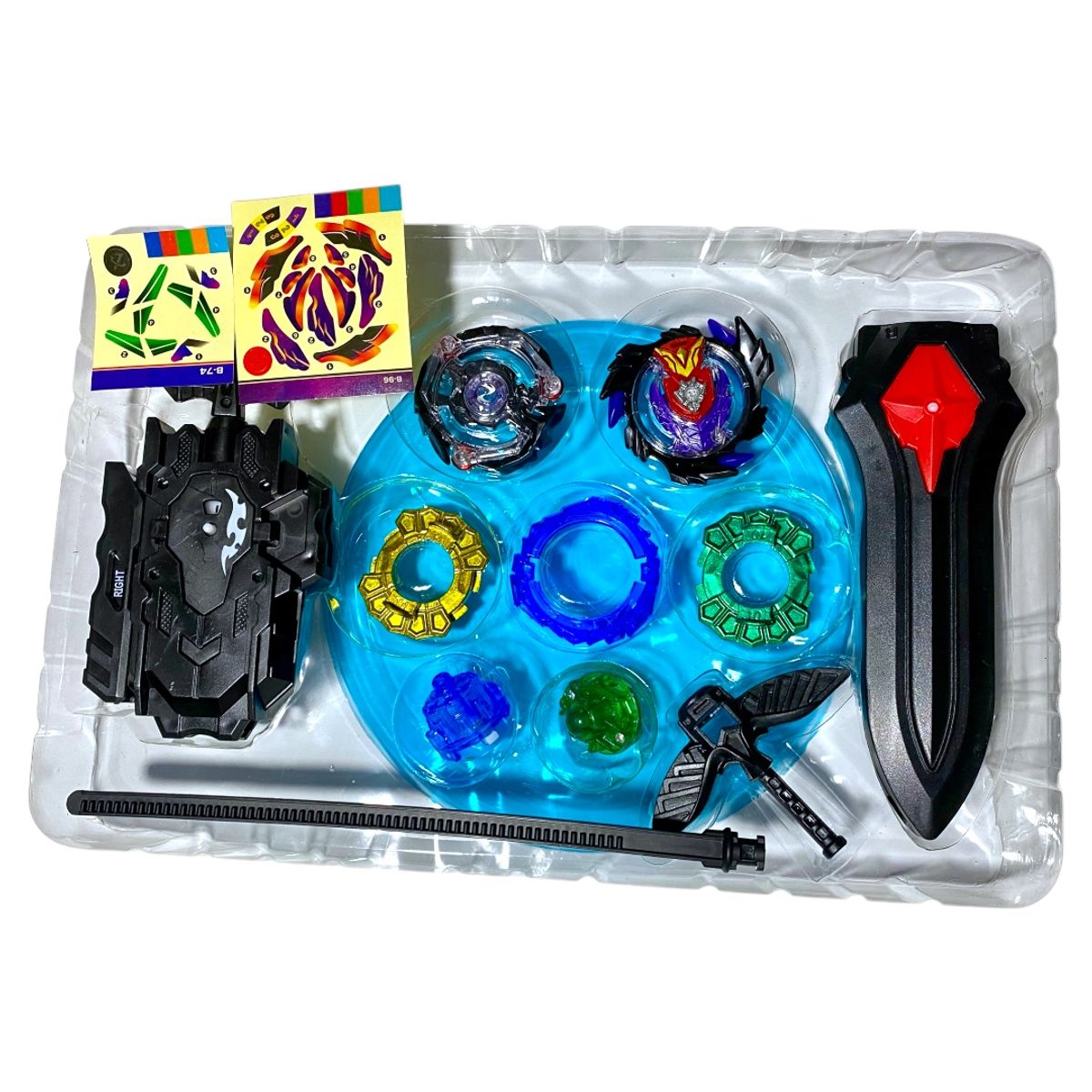 GENERICO - Pack Bley Blade, 2 Trompos + Lanzador Hilo + lanzador espada y Mini estadio.