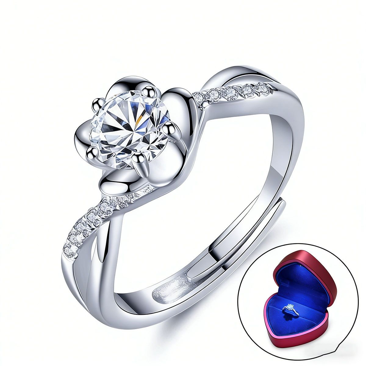 MOONCORE - Anillo Flor De Melocotón Plata + Caja Led Roja Regalo Amante