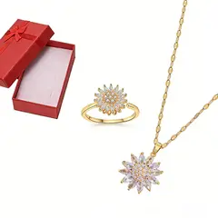 GENERICO - Juego Collar Giratorio Girasol Y Anillo Dorado Ajustable