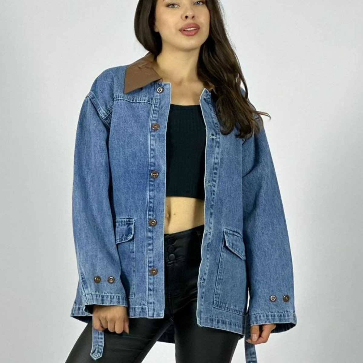 ENIGMATICA BOUTIQUE - Chaqueta Mezclilla Cuello Cuerina