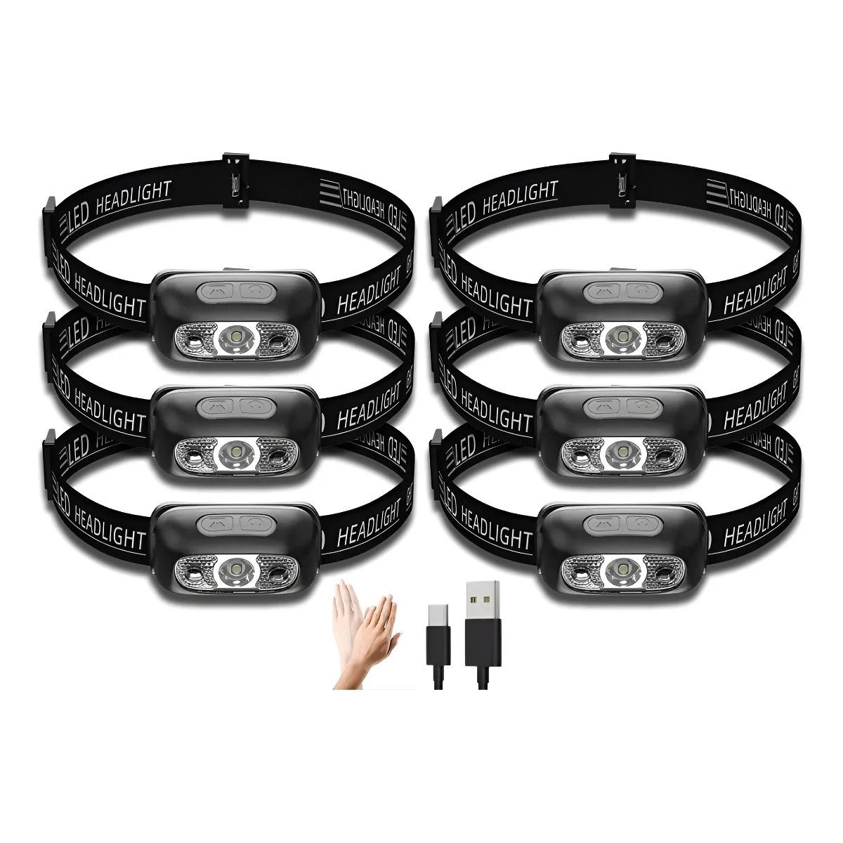 GENERICO - Pack X6 Linterna Frontal Recargable Foco Cabeza Linterna Blanco Negro BELUG