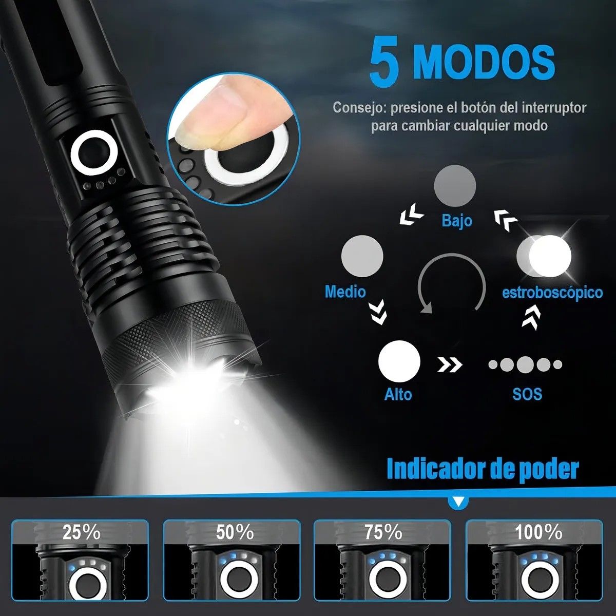 GENERICO - Linterna Led Zoom Tactica Recargable Potentes Impermeable Blanco Negro BELUG