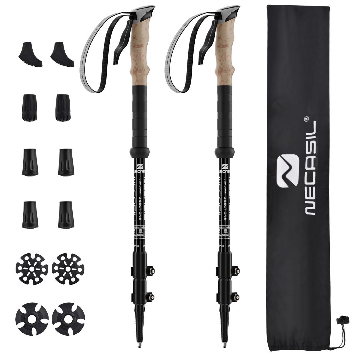 KOKILA - Set 2 Bastón Trekking 3 Tramos Doblar Mango Recto Antishock