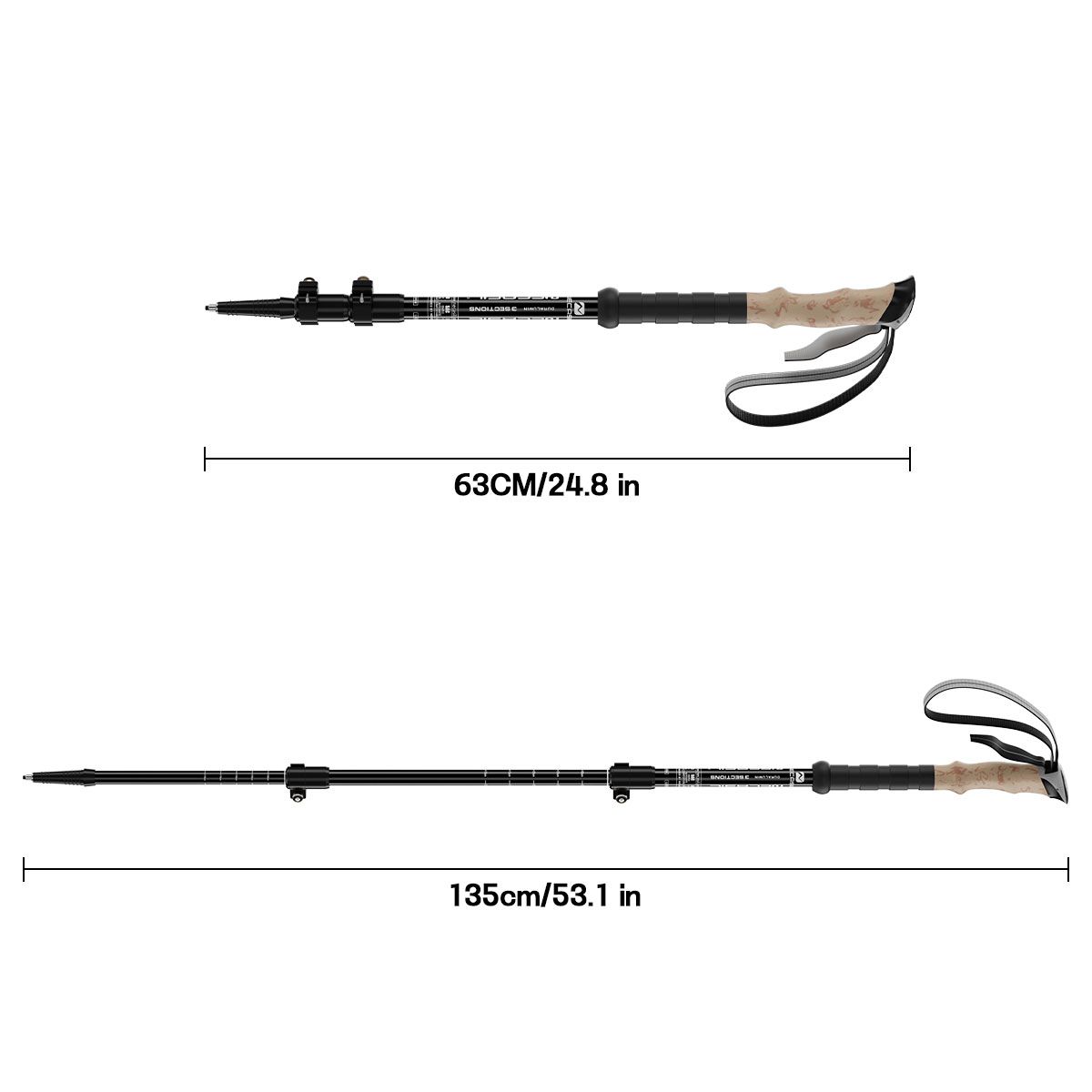 KOKILA - Set 2 Bastón Trekking 3 Tramos Doblar Mango Recto Antishock