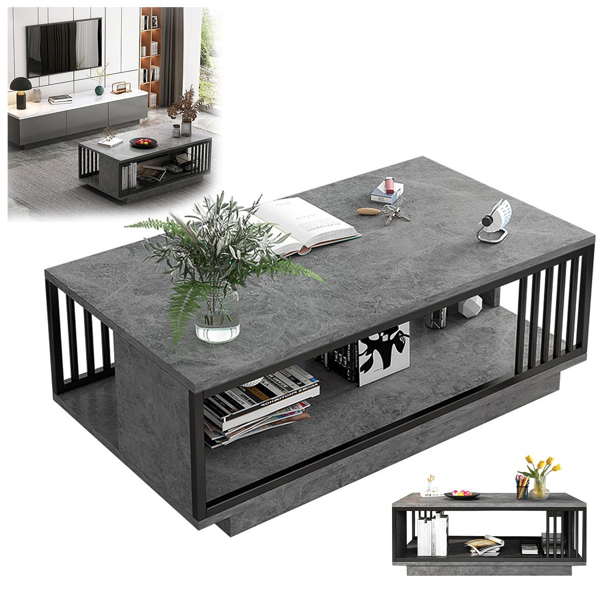 WUWAWDOGA - Mesa De Centro De Café Mueble Para Salón Con Estante Gris 100x50x40cm.