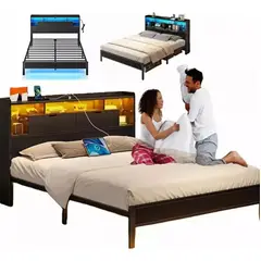 GENERICO - Base de Cama con Estación de Carga Marco de Cama LED con Cabecera de Almacenamiento Queen Negro