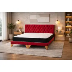 GENERICO - Cama 2 Plazas con Colchón Híbrido, Box y Respaldo Capitoné Rojo - Set de Cama Completo