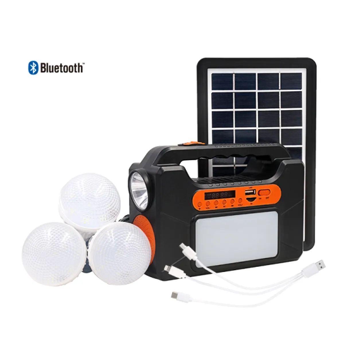 MOVI - Kit Solar Portátil con Panel, Luces LED, Radio y Bluetooth 50 Horas - Generador de Energía para Hogar y Camping