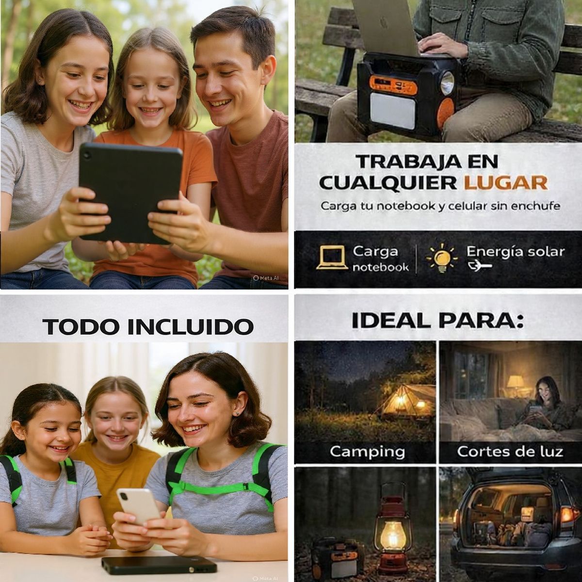 MOVI - Kit Solar Portátil con Panel, Luces LED, Radio y Bluetooth 50 Horas - Generador de Energía para Hogar y Camping