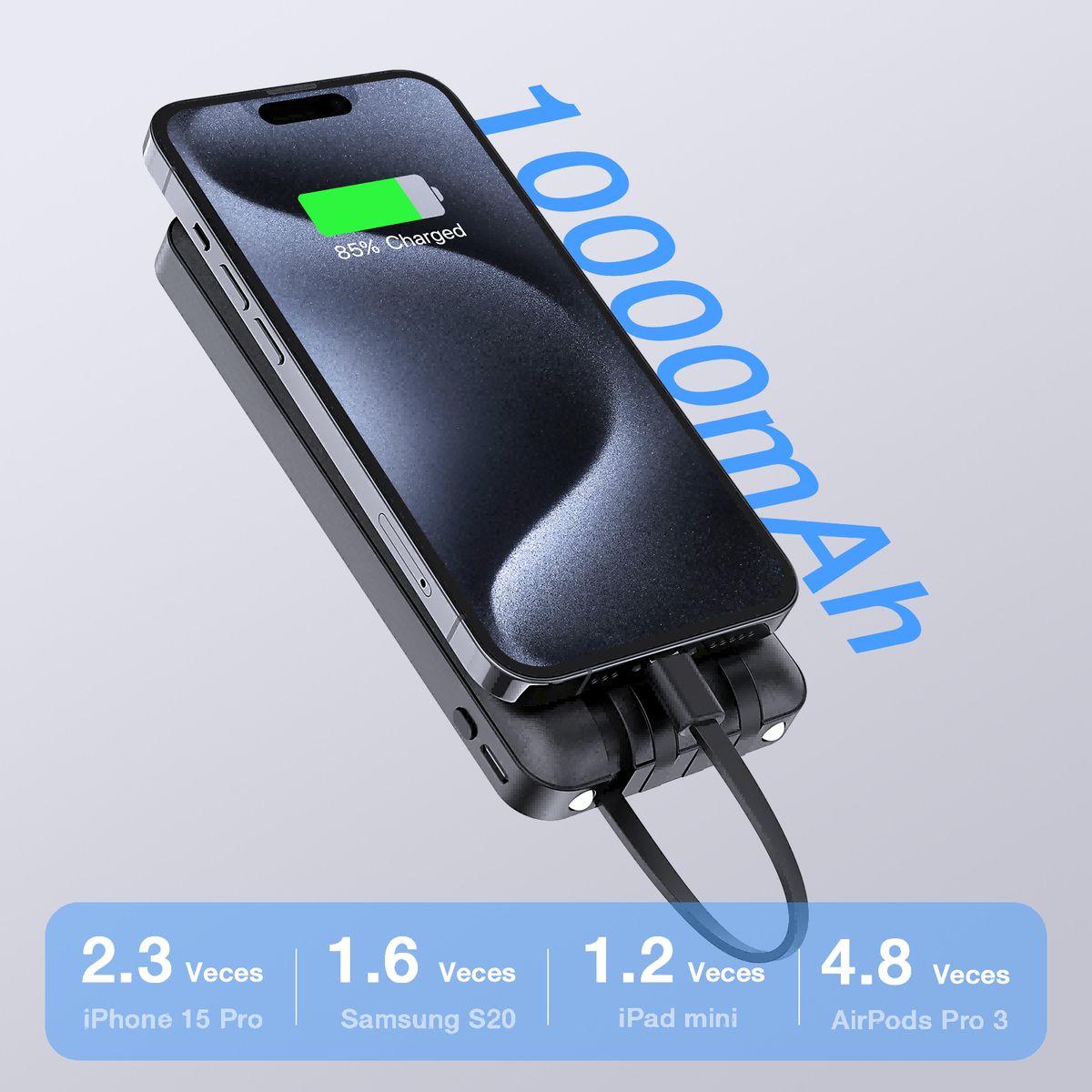 1 HORA - Batería Externa Power Bank 10000 Mah 1 Hora GAR148 con Built In 4 Cables Micro USB V8 IP Tipo C
