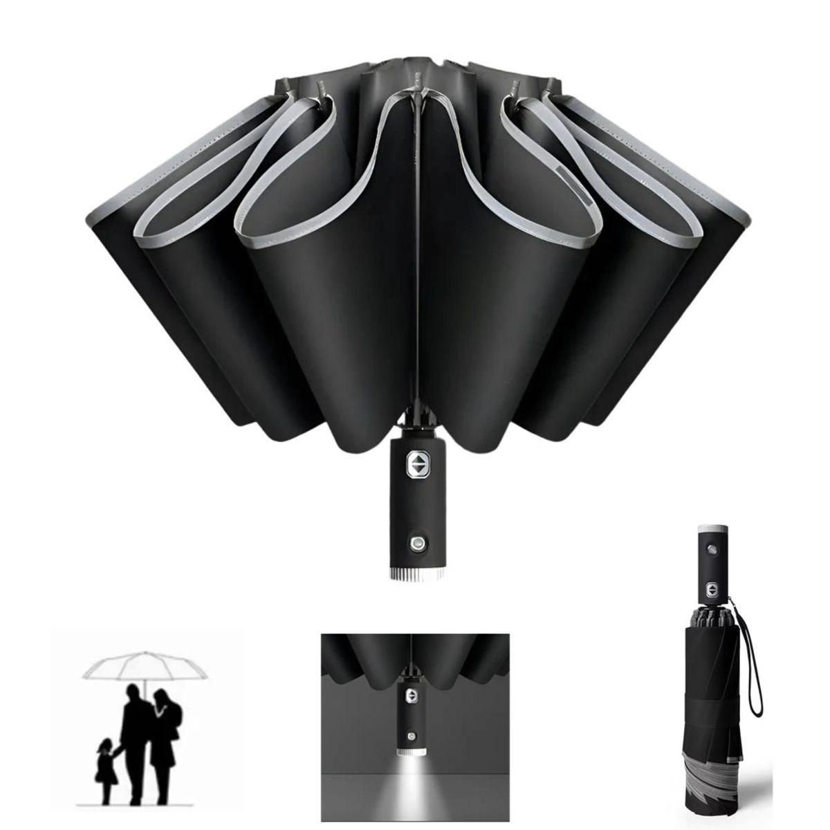 ATURE - Paraguas Plegable Automático Inverso Sombrilla Anti Uv Led Negro Uv Y Tira Reflectante