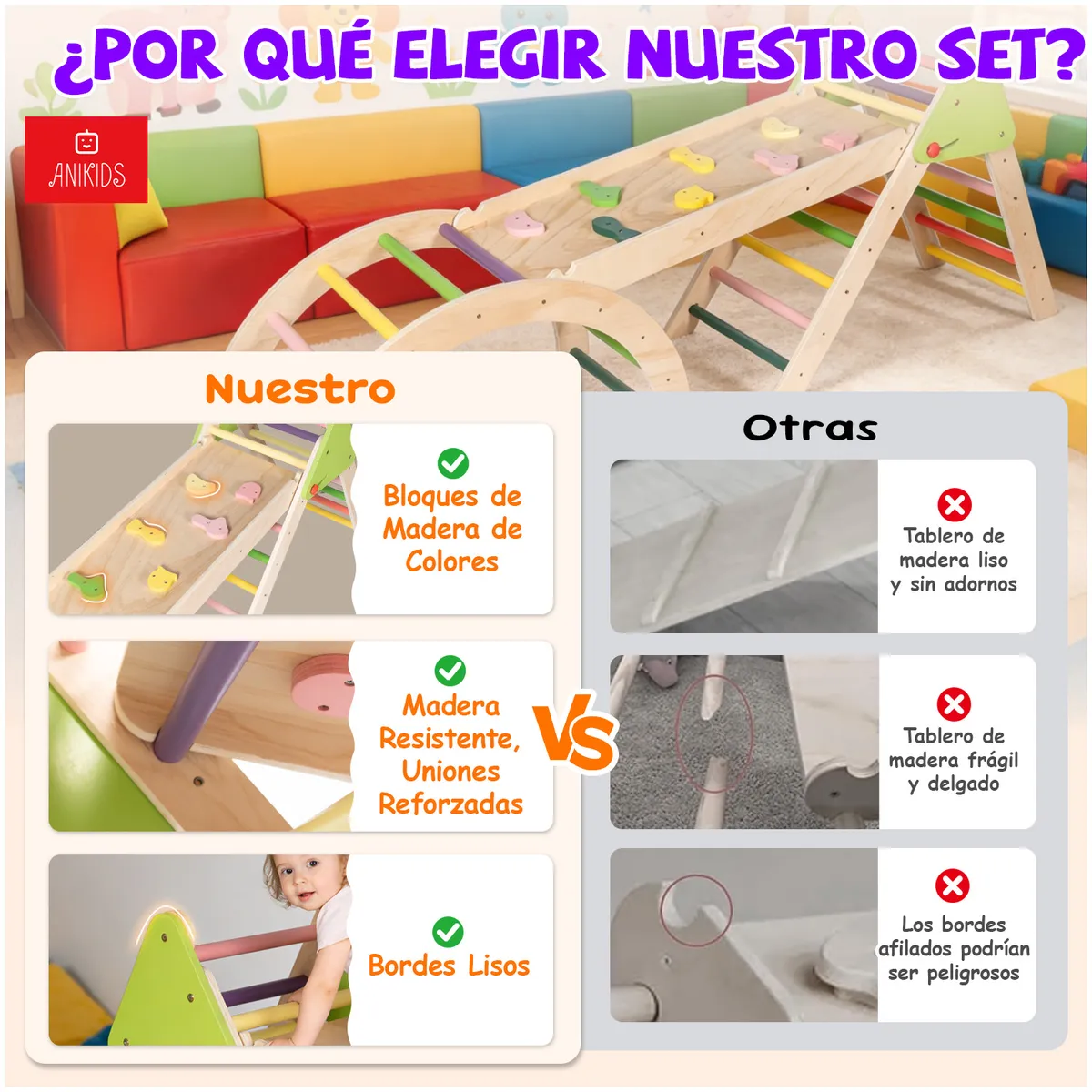 ANIKIDS - Juguete Madera Niños Escalador Plegable 3 En 1 Montessori