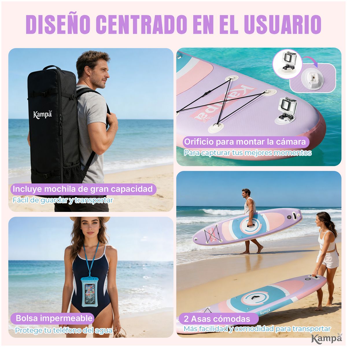 KAMPA - Set Tabla Stand Up Paddle Surf Inflable AZURIA 320x81x15cm Color Lila