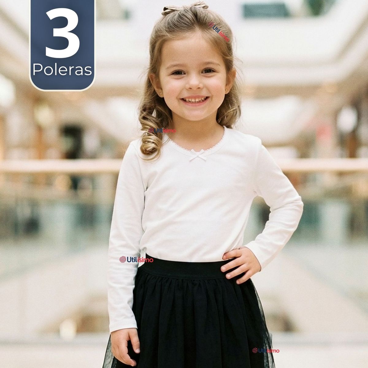 UTILISIMO - Pack 3 Camisetas Poleras Algodón Cuello Redondo Blanca Primera Capa Manga Larga Niña