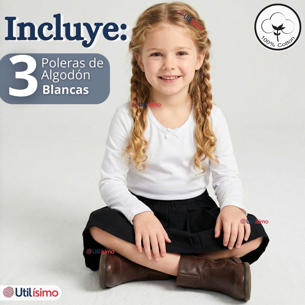 UTILISIMO - Pack 3 Camisetas Poleras Algodón Cuello Redondo Blanca Primera Capa Manga Larga Niña