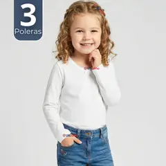 UTILISIMO - Pack 3 Camisetas Poleras Algodón Cuello Redondo Blanca Primera Capa Manga Larga Niña